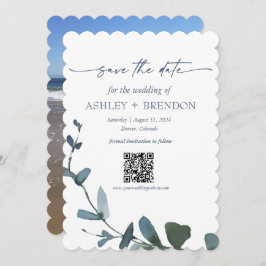Invitación Blue Botanical Leaf Save the Date w/QR + Image