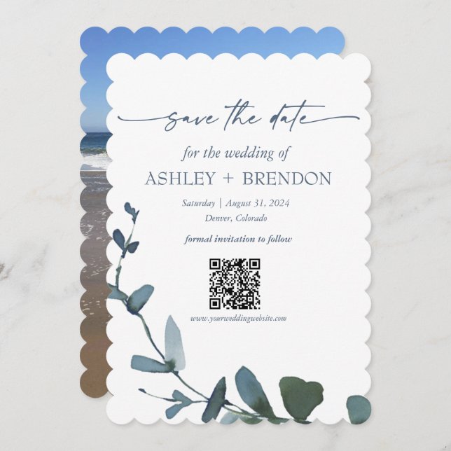 Invitación Blue Botanical Leaf Save the Date w/QR + Image (Anverso / Reverso)