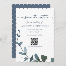 Invitación Blue Botanical Leaf Save the Date w/QR + Image
