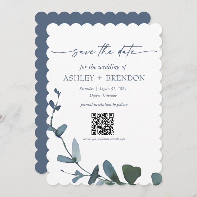 Invitación Blue Botanical Leaf Save the Date w/QR + Image (Anverso / Reverso)