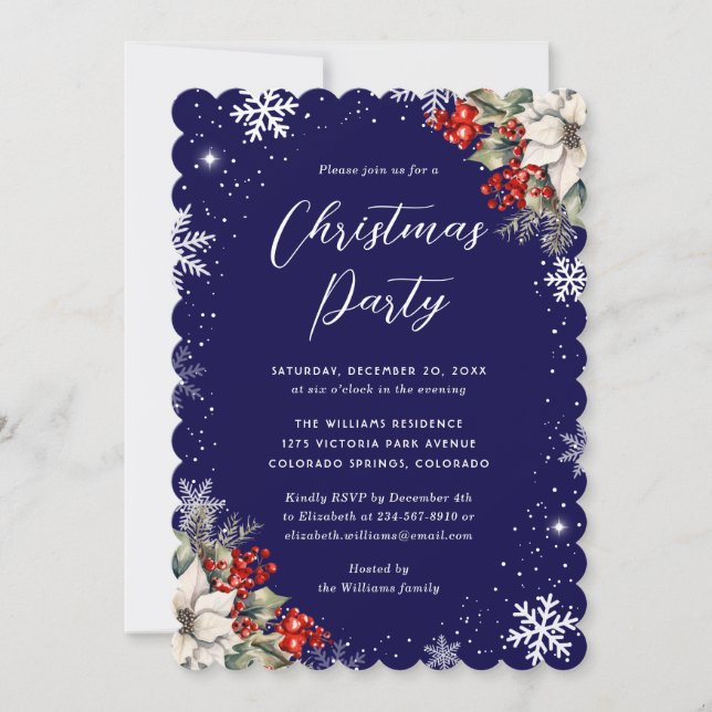 Invitación Blue Botanical Snowflake Christmas Party (Anverso)
