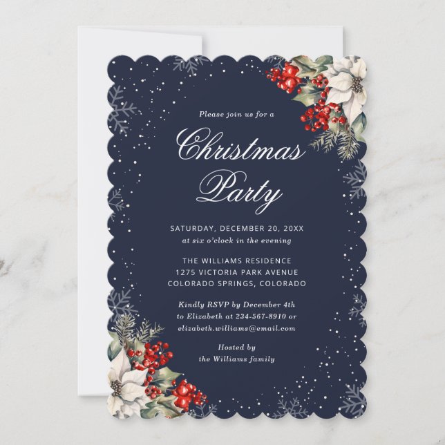 Invitación Blue Botanical Snowflake Elegant Christmas Party (Anverso)
