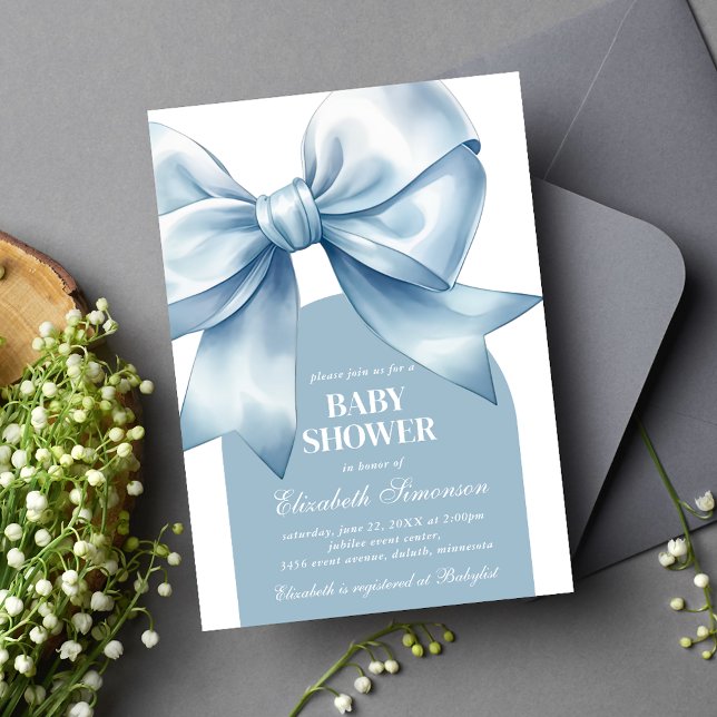 Invitación Blue Bow Baby Boy Elegant Baby Shower (Blue Bow Baby Boy Elegant Baby Shower Invitation)