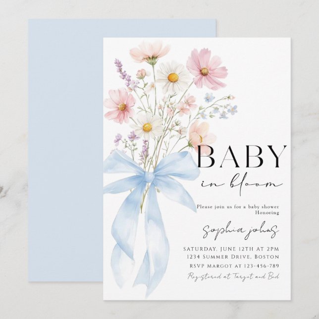 Invitación Blue Bow Baby in Bloom Boy Baby Shower Invitation (Anverso / Reverso)