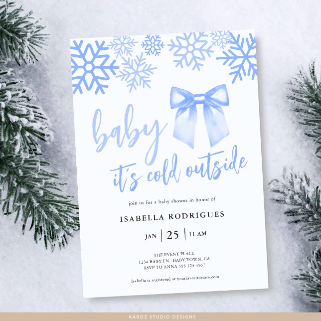 Invitación Blue Bow Baby Its Cold Outside Baby Shower (Front of invite shown in 5 x 7 inches with square corners. Personalize, choose corner + paper style.)