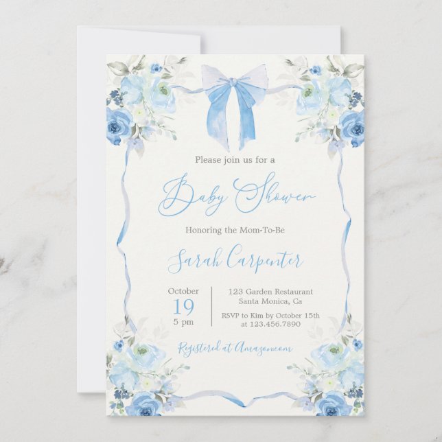 Invitación Blue Bow Baby Shower Boy (Anverso)