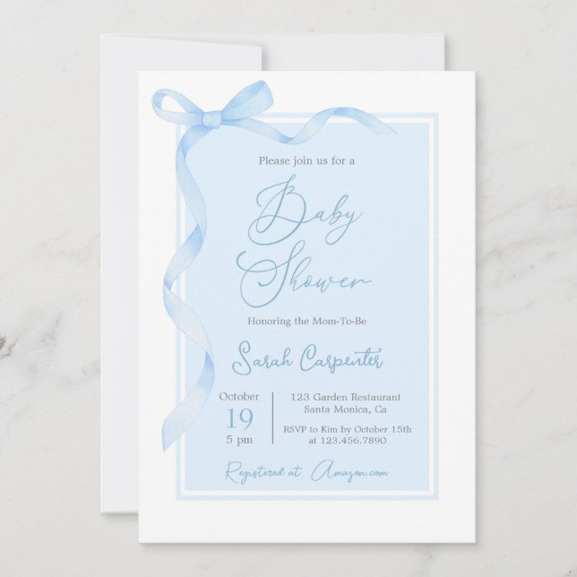 Invitación Blue Bow Baby Shower Boy (Anverso)