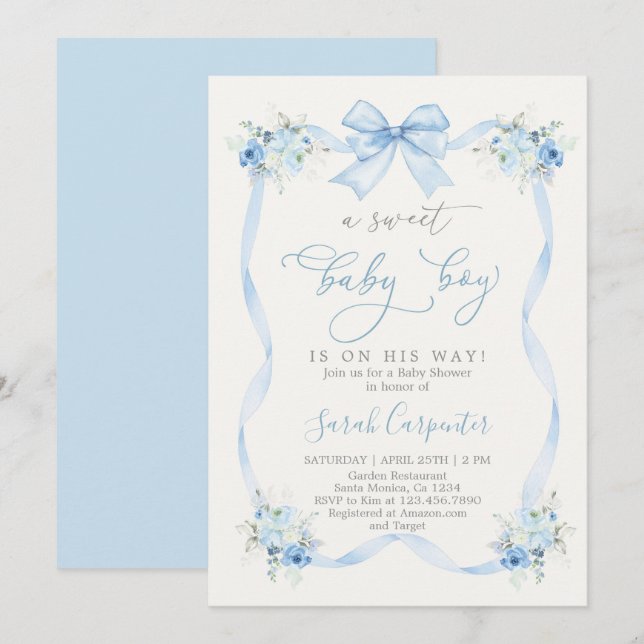 Invitación Blue Bow Baby Shower Boy (Anverso / Reverso)