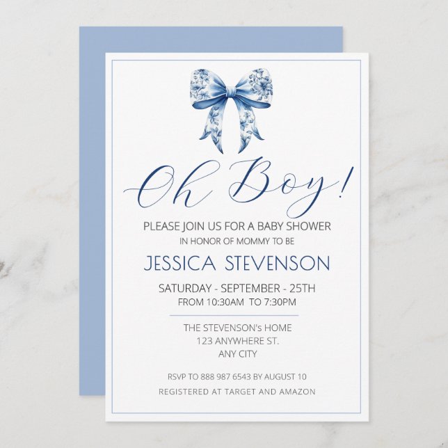 Invitación Blue Bow Baby Shower Watercolor (Anverso / Reverso)