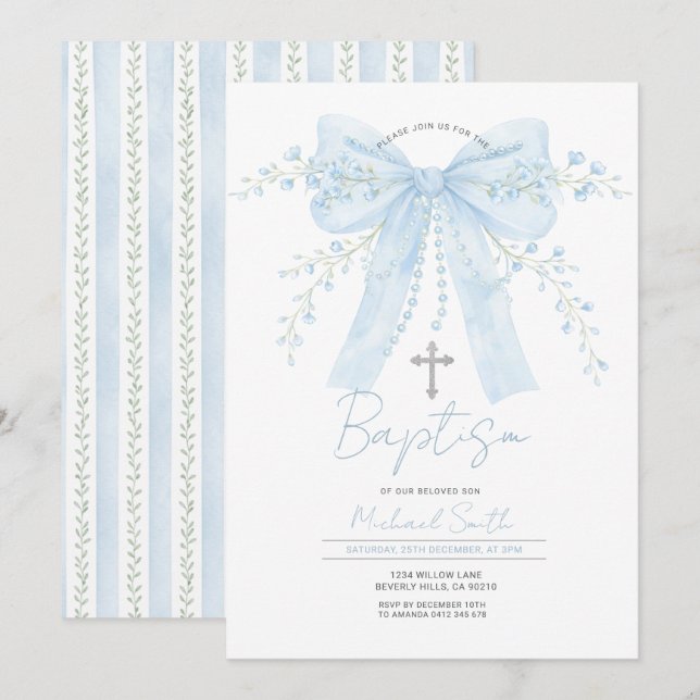 Invitación Blue Bow Baptism Boy Christening with Cross (Anverso / Reverso)