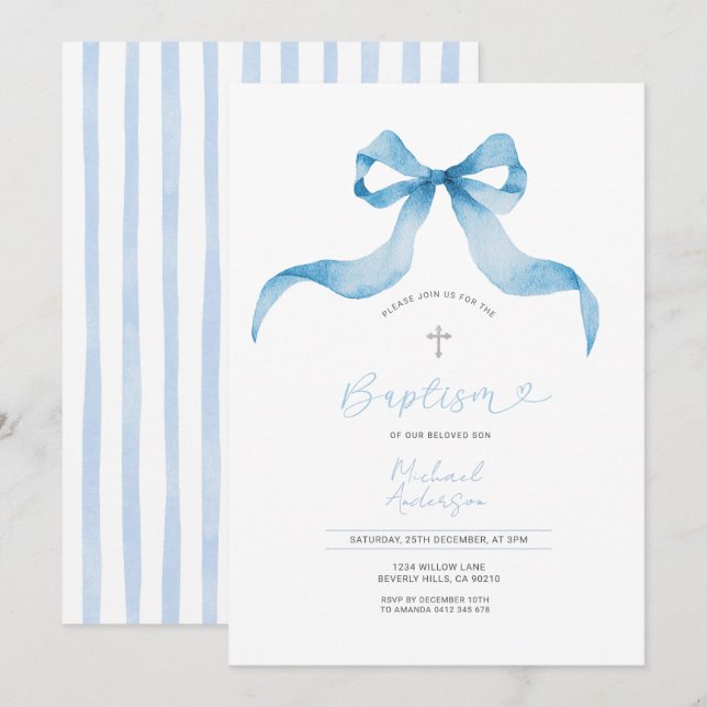 Invitación Blue Bow Baptism Invitation Baby Boy Baptism  (Anverso / Reverso)
