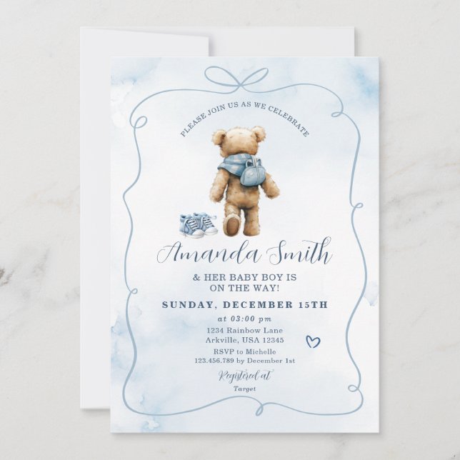 Invitación Blue Bow Bear Baby Shoes Boy Baby Shower (Anverso)