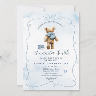 Invitación Blue Bow Bear Baby Shoes Boy Baby Shower