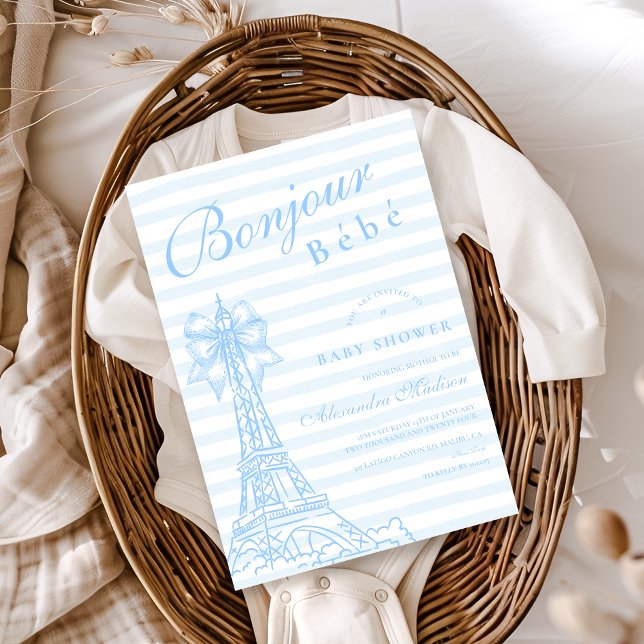 Invitación Blue Bow Bonjour Bebe Baby Shower (Subido por el creador)