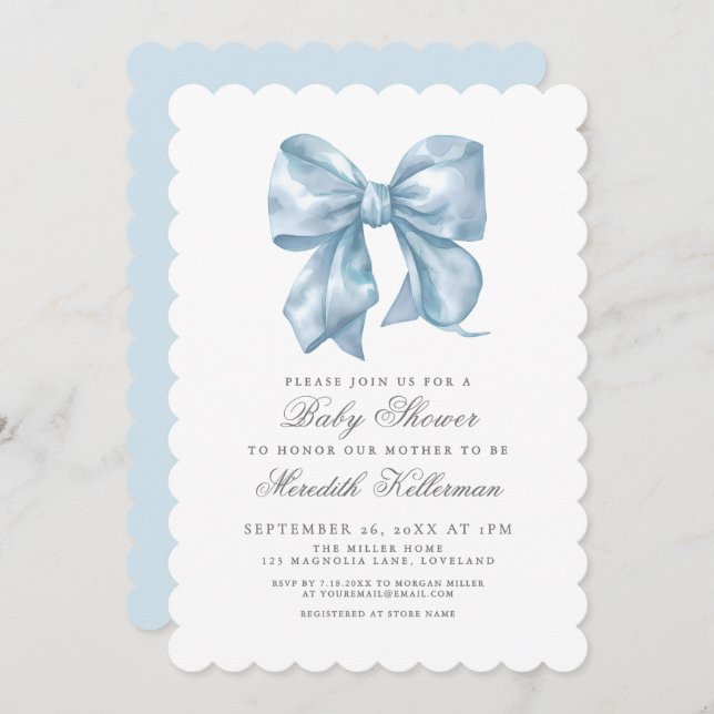 Invitación Blue Bow Boy Baby Shower (Anverso / Reverso)