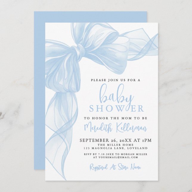 Invitación Blue Bow Boy Baby Shower (Anverso / Reverso)