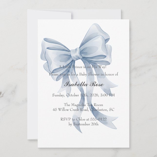 Invitación Blue Bow Boy Baby Shower Invitation Coquette (Anverso)