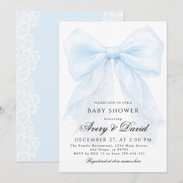 Invitación Blue Bow boy Modern Baby Shower  (Anverso / Reverso)