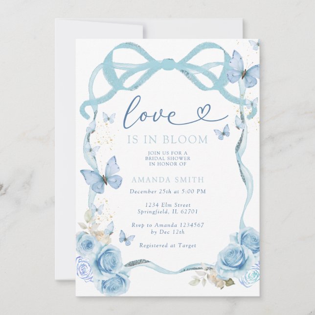 Invitación Blue Bow Butterfly Love In Bloom Briom Shower (Anverso)