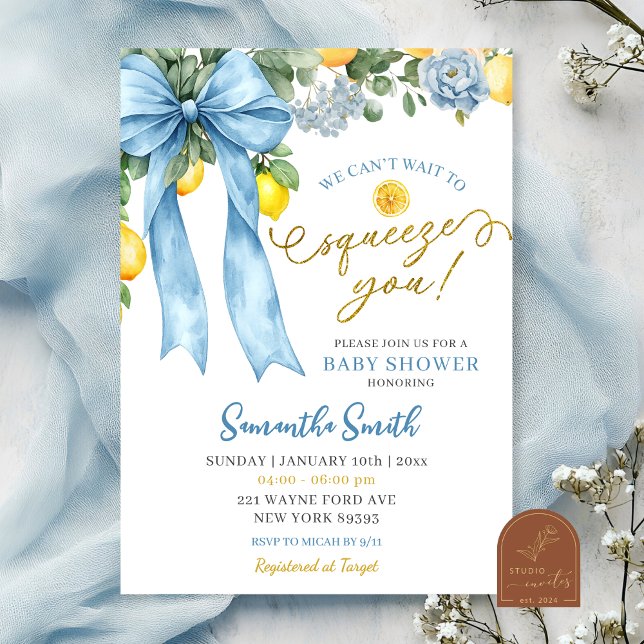 Invitación Blue Bow Can't Wait to Squeeze You Baby Shower (Subido por el creador)