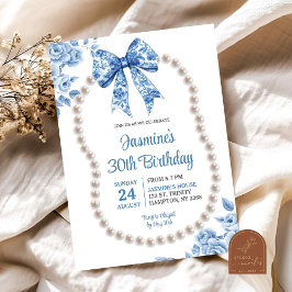 Invitación Blue Bow Chinoiserie Pearls Cumpleaños de las muje