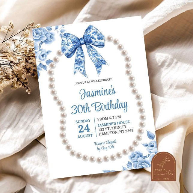 Invitación Blue Bow Chinoiserie Pearls Cumpleaños de las muje (Subido por el creador)
