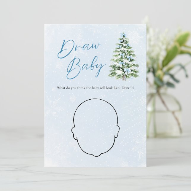 Invitación Blue Bow Christmas Tree Baby Shower Draw Baby Game (Anverso de pie)