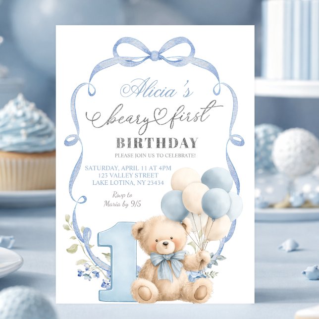 Invitación Blue Bow Coquette Beary First Birthday (Subido por el creador)