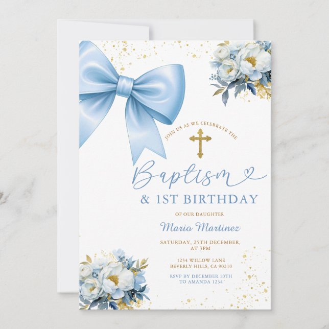 Invitación Blue Bow Coquette Girl Baptism and Birthday Floral (Anverso)