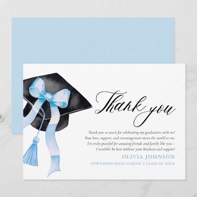 Invitación Blue Bow Coquette Graduación Cap Gracias Cartas (Anverso / Reverso)