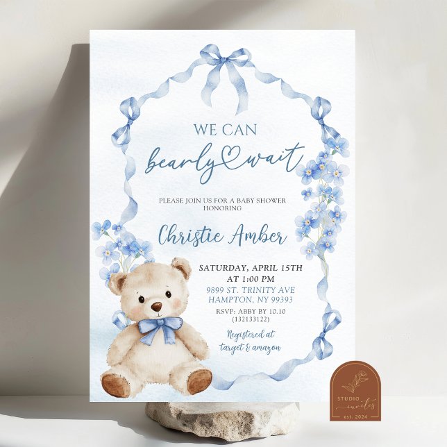 Invitación Blue Bow Coquette puede esperar Baby Shower (Subido por el creador)