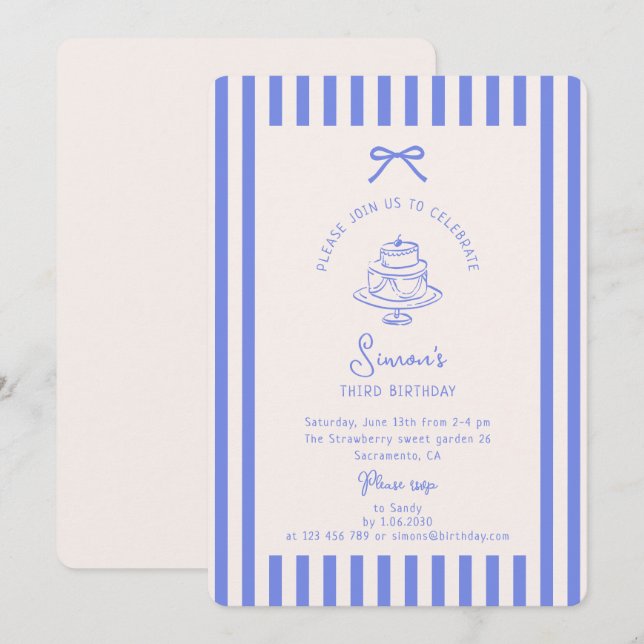 Invitación Blue Bow, cumpleaños a la franja azul (Anverso / Reverso)