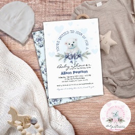 Invitación Blue Bow Cute Bear Cub Winter Boy Baby Shower