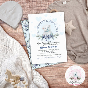 Invitación Blue Bow Cute Bear Cub Winter Boy Baby Shower