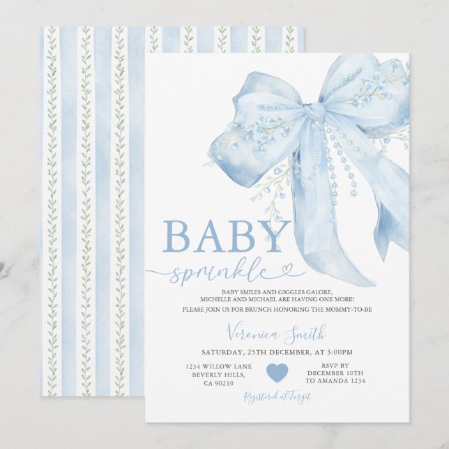 Invitación Blue Bow Cute Pearls Coquette Baby Shower (Anverso / Reverso)