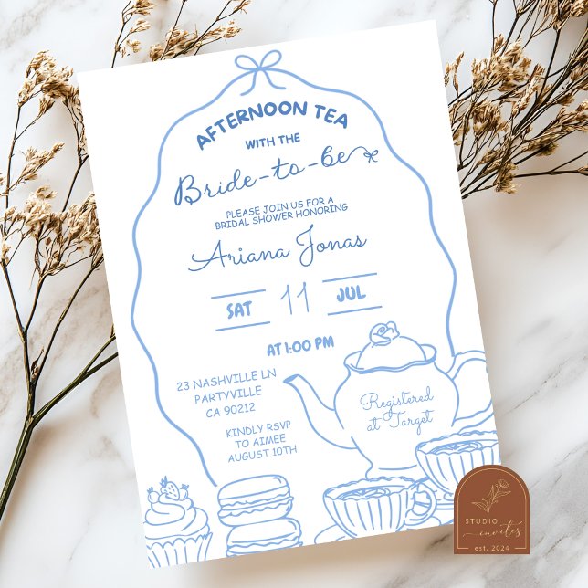 Invitación Blue Bow Doodle Tarde Tea Bridal Shower (Subido por el creador)