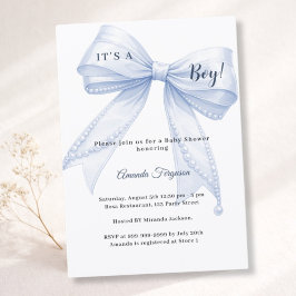 Invitación Blue bow elegant pearls boy Baby Shower