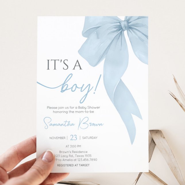 Invitación Blue Bow Es Un Chico Baby Shower (Its A Boy Blue Bow Baby Shower Invitation
)