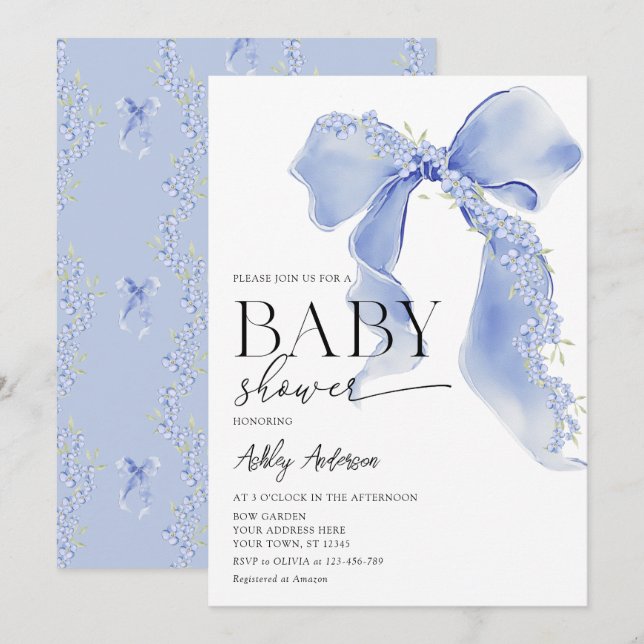 Invitación Blue Bow Floral Baby Boy Shower (Anverso / Reverso)
