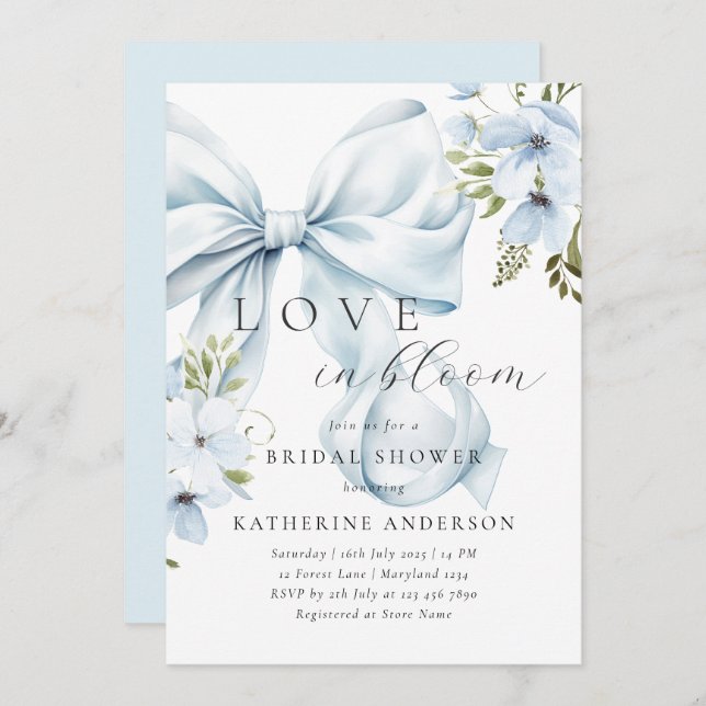 Invitación Blue Bow Floral Bridal Shower (Anverso / Reverso)