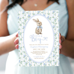 Invitación Blue Bow Floral Bunny Rabbit Boy Baby Shower