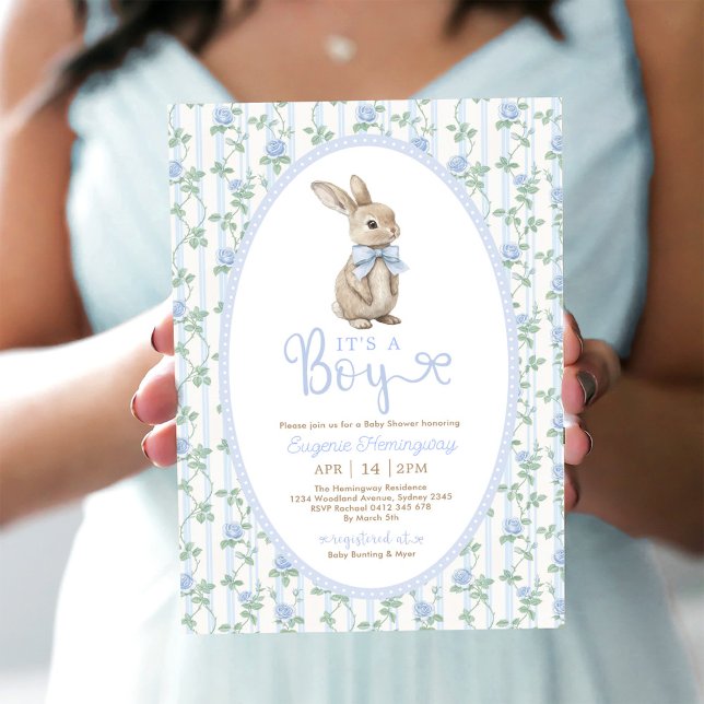 Invitación Blue Bow Floral Bunny Rabbit Boy Baby Shower (Subido por el creador)