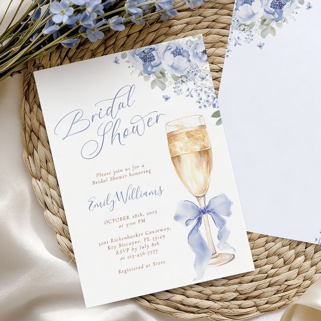 Invitación Blue Bow Floral Champagne Bridal Shower Invitation (Subido por el creador)