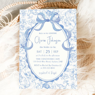 Invitación Blue Bow Floral Chinoiserie Bridal Shower