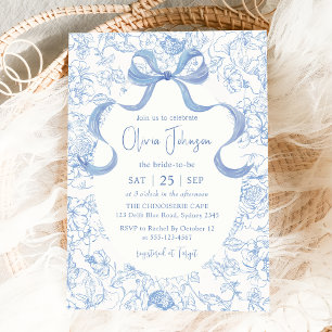 Invitación Blue Bow Floral Chinoiserie Bridal Shower