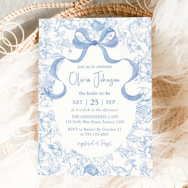 Invitación Blue Bow Floral Chinoiserie Bridal Shower (Subido por el creador)