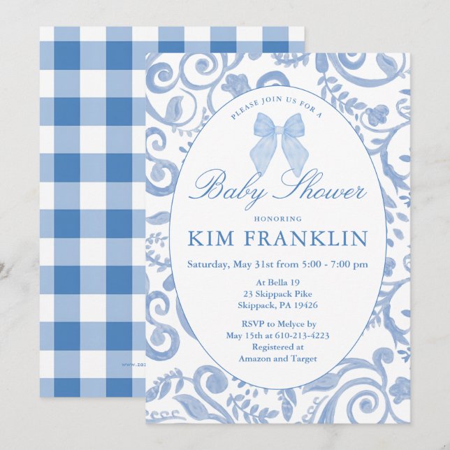 Invitación Blue Bow Floral Coquette Gingham Boy Baby Shower (Anverso / Reverso)