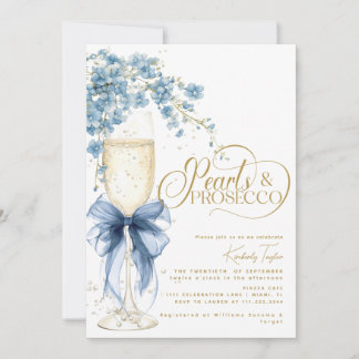 Invitación Blue Bow Floral Pearls & Prosecco Bridal Shower