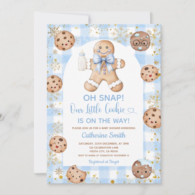 Invitación Blue Bow Gingerbread Christmas Baby Shower Gingham (Anverso)