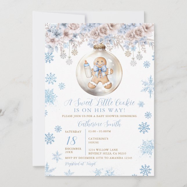 Invitación Blue Bow Gingerbread Christmas Cookies Baby Shower (Anverso)